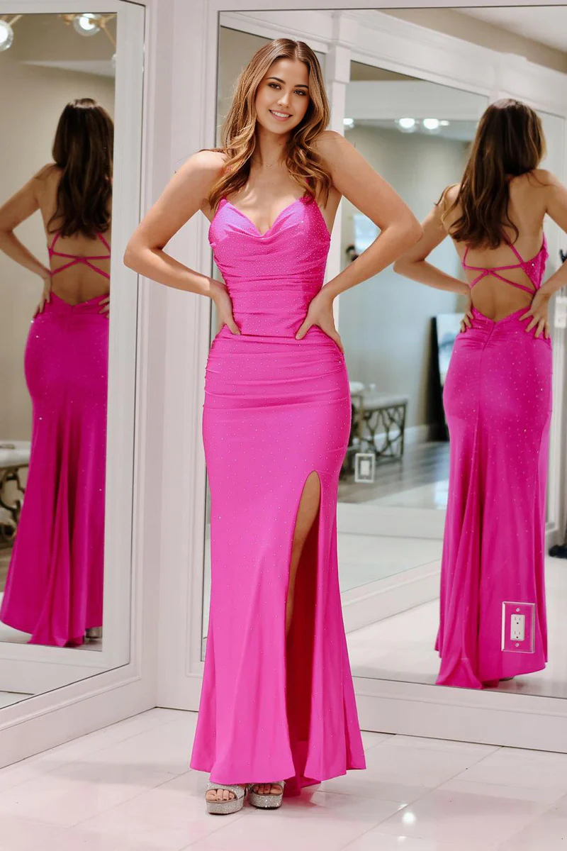 Mermaid Cowl Neck Satin Fuchsia Long Prom Dress with Beading
